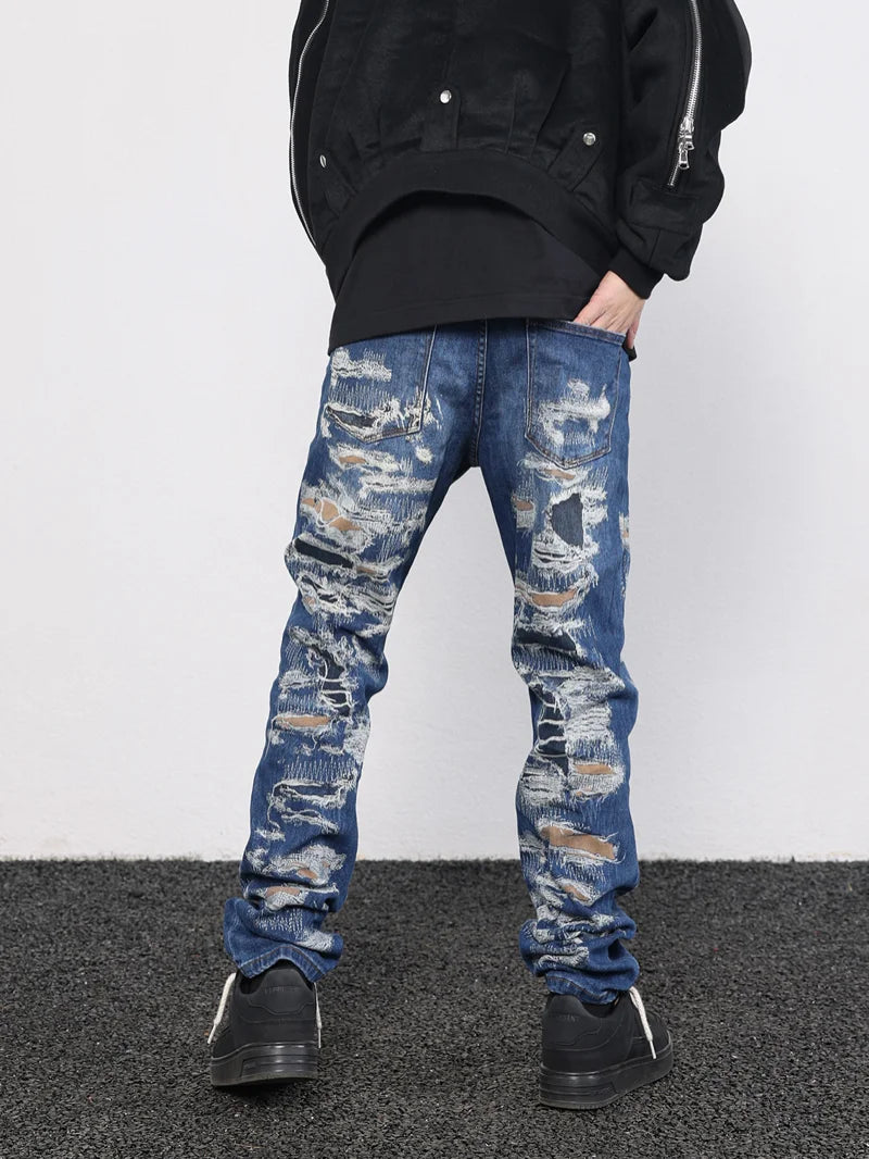 retro washed 3d printed fake distressed jeans hip hop denim pants streetwear jean pants mens harajuku cotton trousers joggers urban active pants