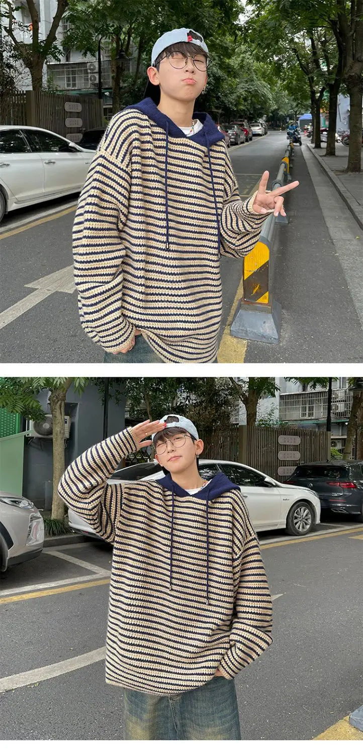 Y2K Striped hooded sweater for men and women autumn and winter American retro trend couple lazy loose and casual knitted top Street King Limited