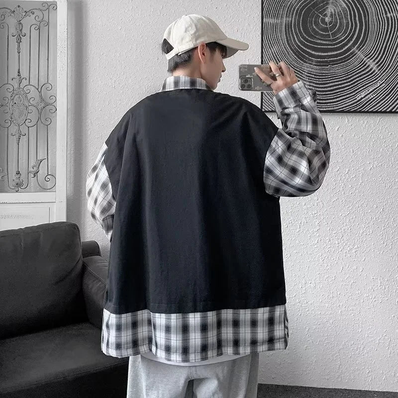 Streetwear New Fake Two Piece Zip Plaid Cargo Shirts Mens Japanese Streetwear Fas 2024 New Fake Two Piece Zip Plaid Cargo Shirts Mens Japanese Streetwear Fashion Social Shirt Autumn Long Sleeve Baggy Y2K Shirt Fashion Sweater Jacket With Graphic Design For Men