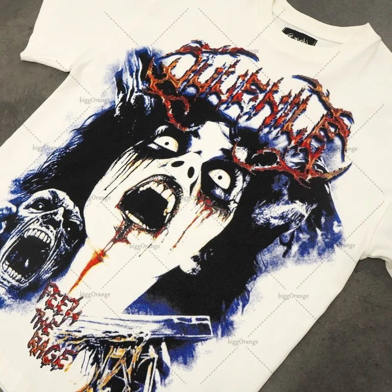 Trendy Brand Rock Punk Streetwear Y2K Harajuku Gothic Retro Pattern Printed Oversized T-shirt Men American Hip-hop Casual Tops Street King Limited