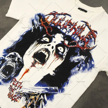 Trendy Brand Rock Punk Streetwear Y2K Harajuku Gothic Retro Pattern Printed Oversized T-shirt Men American Hip-hop Casual Tops Street King Limited