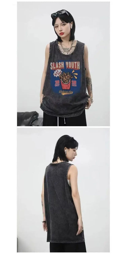 American pure cotton casual vest for outer wear hip-hop retro high street style trendy short-sleeved men's summer printed tops Street King Limited