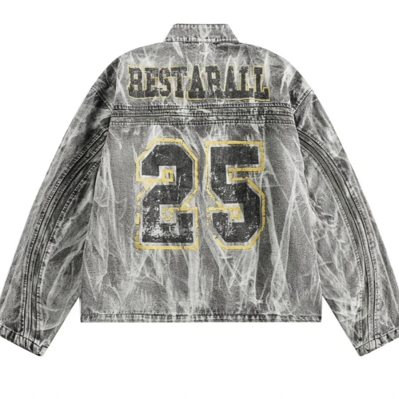 autumn high street washed denim jacket mens vintage graffiti printing stand collar motorcycle coats patchwork punk cowboy tops denim street jeans