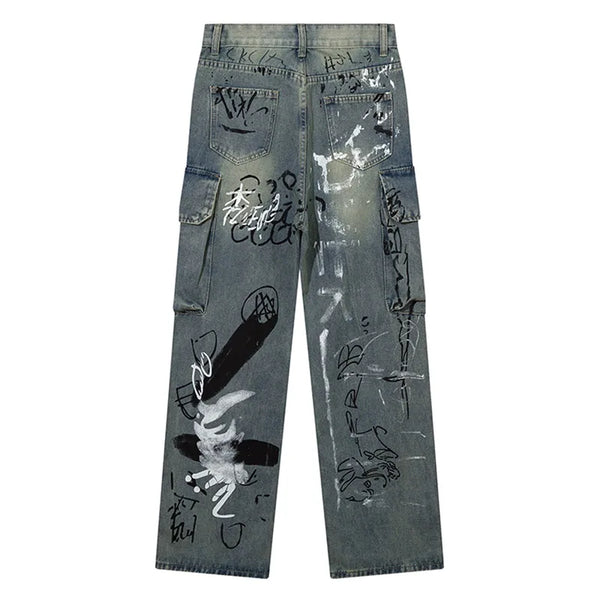 Men Jeans Graffiti Print Multiple Pockets Denim Trousers Harajuku Vintage High Waist Straight Cargo Pants Y2k Streetwear Unisex Street King Limited