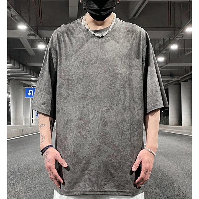 Merican Hip-hop Summer Thin Section Suede Cashew Flower Print Tshirts Tops Men and Women Loose Short-sleeved T-shirts Oversized Street King Limited