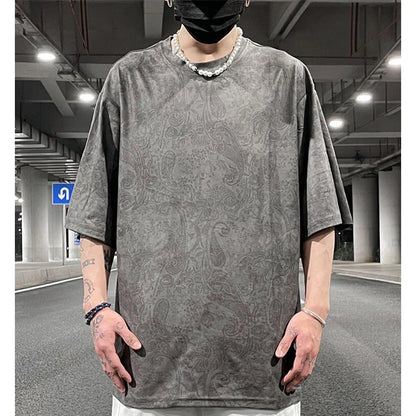 Merican Hip-hop Summer Thin Section Suede Cashew Flower Print Tshirts Tops Men and Women Loose Short-sleeved T-shirts Oversized Street King Limited