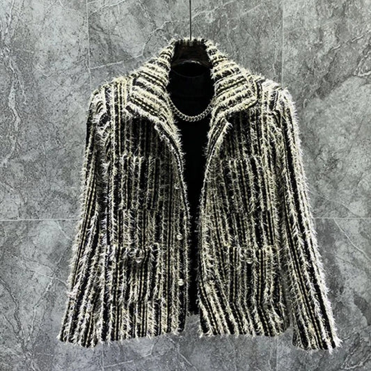 mens striped distressed tassel casual jacket 2024 new autumn winter genderless fashion french youth trend retro jacket unisex relaxed fit trousers