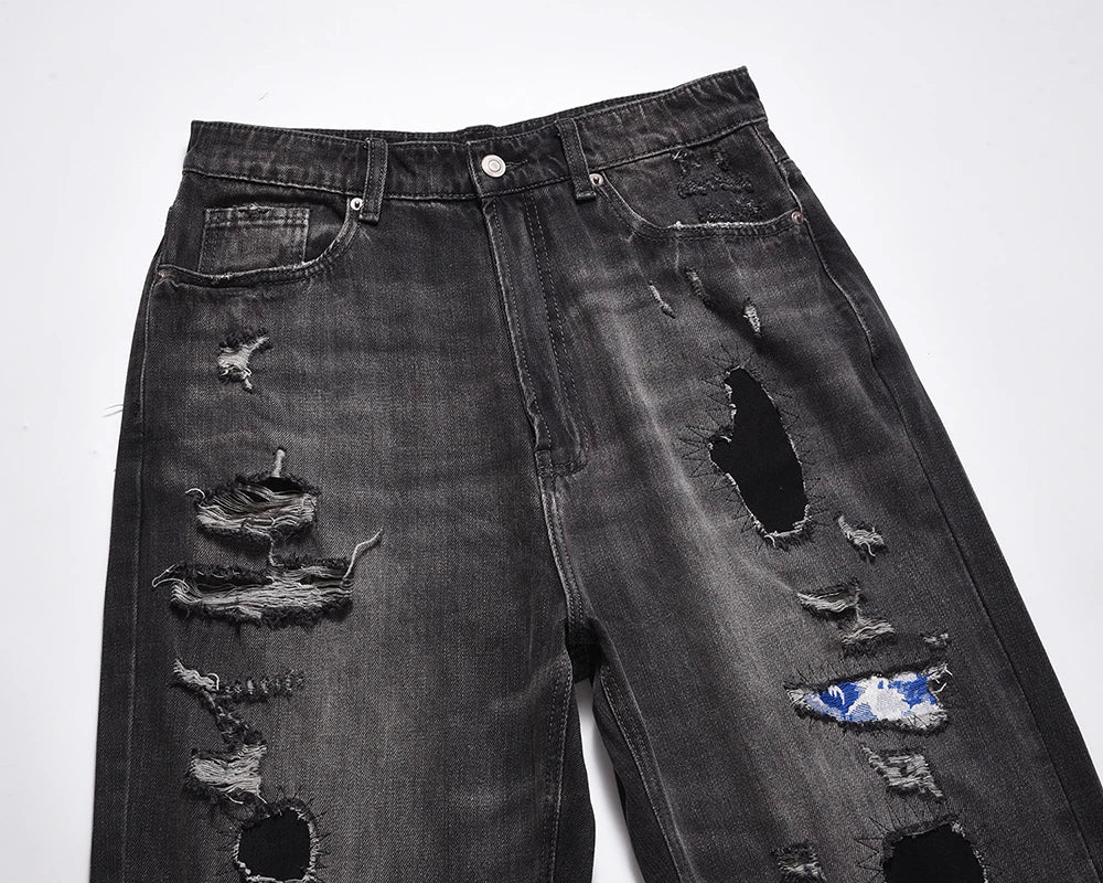 frayed hole washed pantalones hombre baggy jeans mens straight hip hop casual ropa y2k denim pants oversized cargo trousers unique cargo style 108