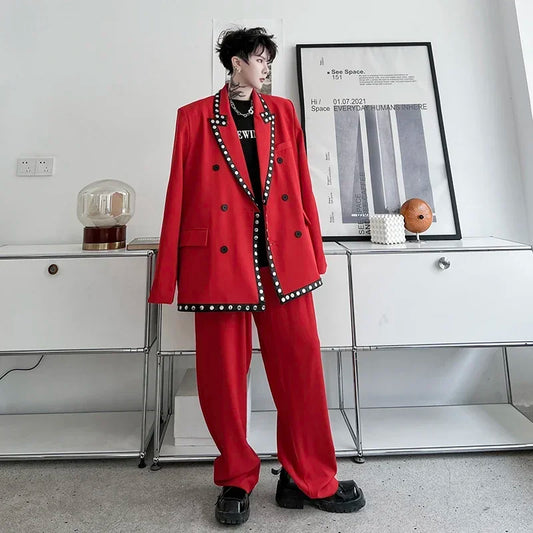 men streetwear fashion loose casual rivet hip hop party dress 2 piece suits blazers jacket pant sets stage clothing costume urban fashion pants