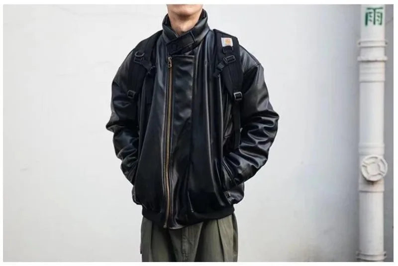 japanese street motorcycle set men thickened stand collar hip hop leather jacket harajuku casual pants 2 pcs bomber suit 2023 unique default style 4348
