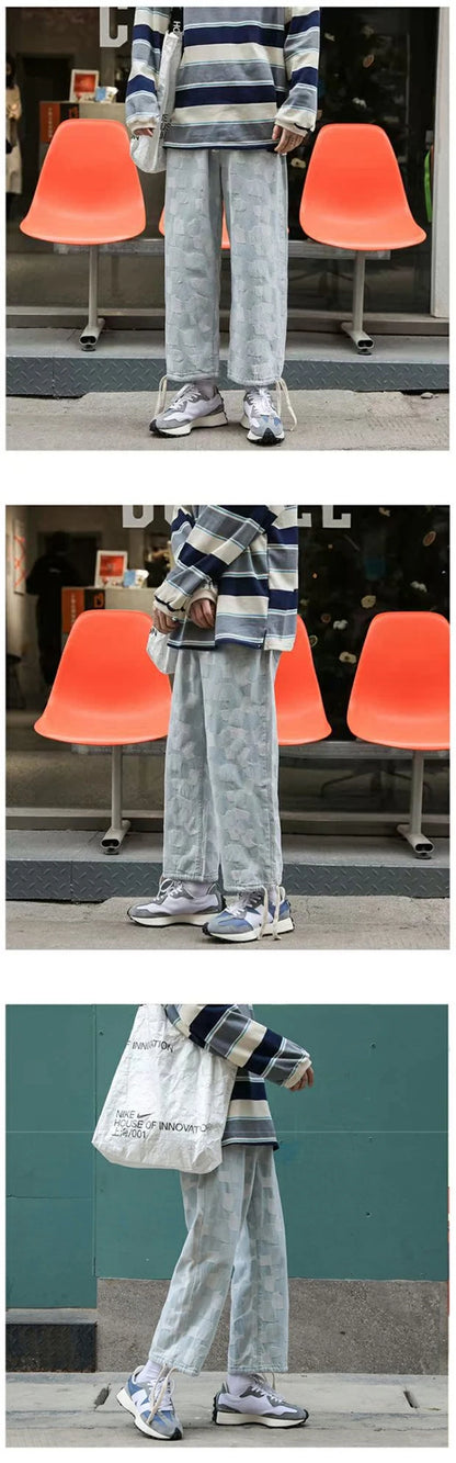 american plaid straight jeans mens casual streetwear printed denim pants autumn baggy classic wide leg retro y2k jean trousers unique jeans style 905