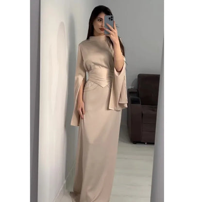 Elegant Lady Long Satin Dress Half High Collar Flare Sleeves Party Bodycon Dress Streetwear Solid Slim Evening Dresses For Women Street King Limited