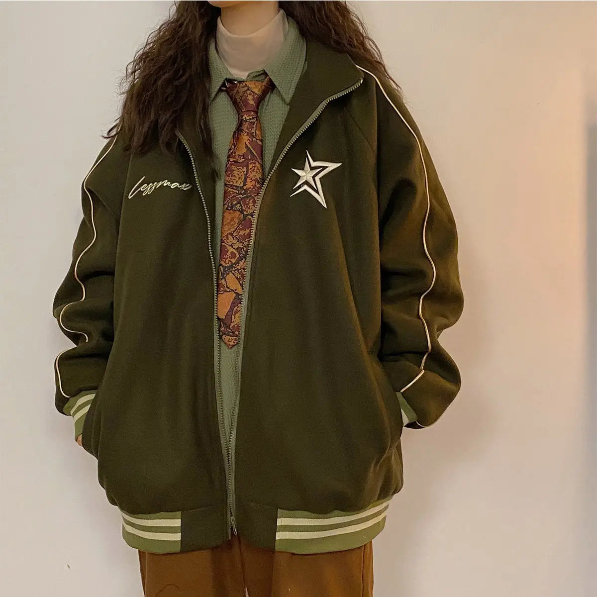 Autumn and winter new Korean star stand collar jacket y2k vintage loose embroidery plush thickened sportswear clothes women Street King Limited