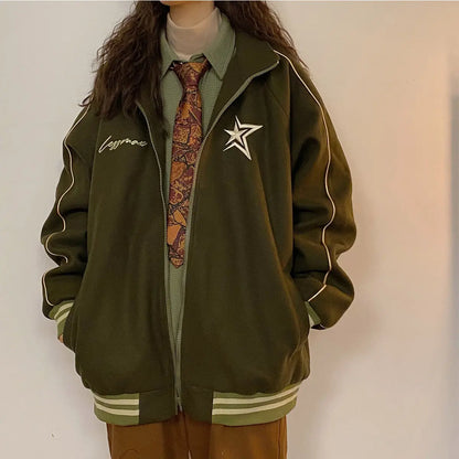 Autumn and winter new Korean star stand collar jacket y2k vintage loose embroidery plush thickened sportswear clothes women Street King Limited
