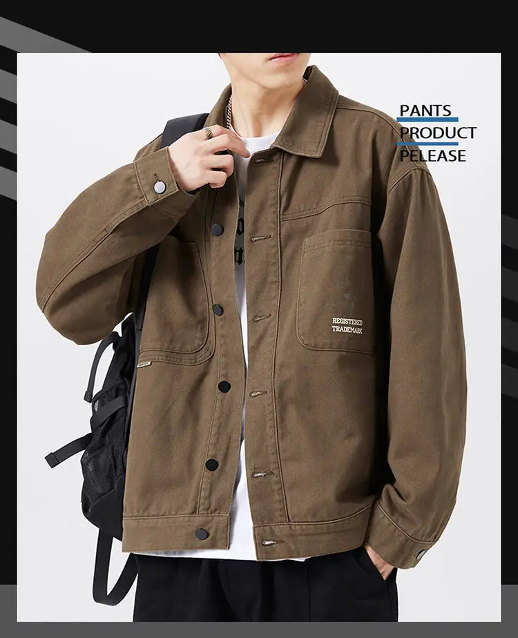 american retro workwear jacket for boys loose spring and autumn high street japanese style khaki casual trendy denim jacket tops unique jeans style 4891