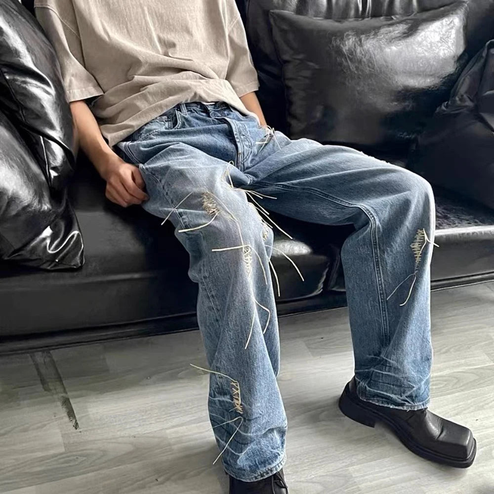 string lace up frayed washed pantalones hombre baggy blue jeans for men y2k streetwear washed casual denim trousers oversized vintage washed jeans