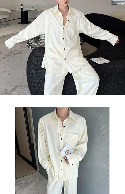 men silk style streetwear fashion loose casual long sleeve shirts pants 2 pieces sets male vintage suits blouses trousers unique default style 2756