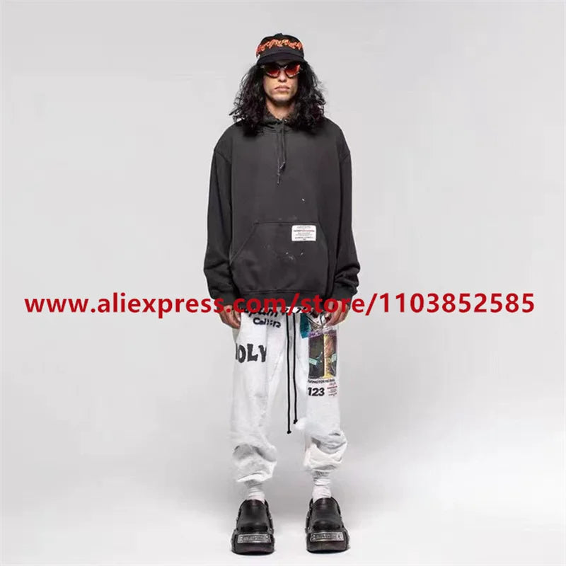 2024 autumn winter vintage casual sports pants mens letter illustration printed loose drawstring leg strap high street hip hop unique default style 1614