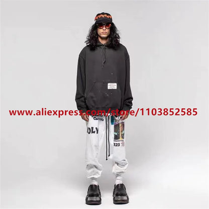 2024 autumn winter vintage casual sports pants mens letter illustration printed loose drawstring leg strap high street hip hop unique default style 1614