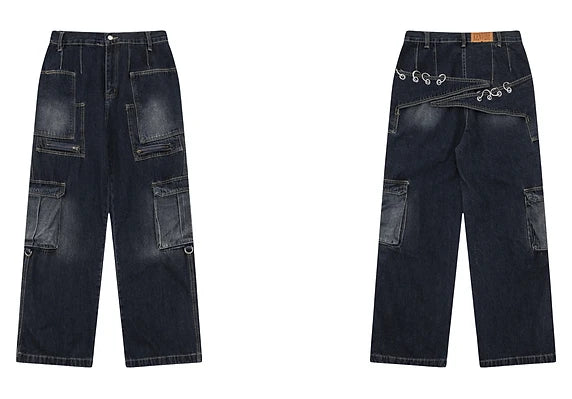 fashion punk rings streetwear loose pants unisex casual multiple pockets wide legs jean pants hip hop joggers men baggy jeans unique joggers style 487