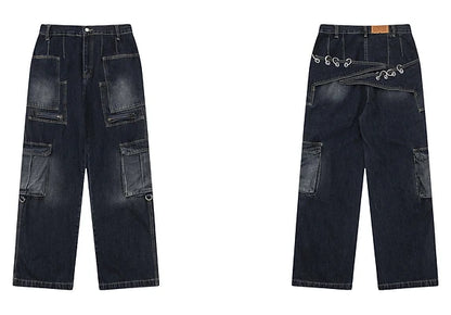 fashion punk rings streetwear loose pants unisex casual multiple pockets wide legs jean pants hip hop joggers men baggy jeans unique joggers style 487