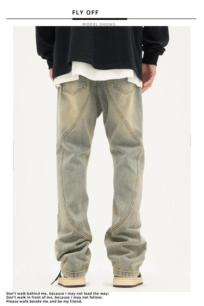 american high street retro straight jeans men casual patchwork y2k denim pants hip hop streetwear zipper baggy cargo jean unique cargo style 3125
