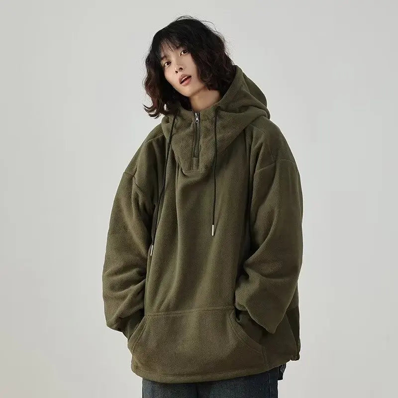 Men Women Winter Fleece Hoodies Korean Style Half Zipper Harajuku Hip Hop Hooded Sweatshirt Street Oversized Couple Pullovers Street King Limited