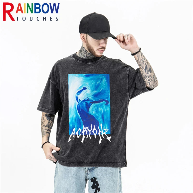 Rainbowtouches Summer T-shirts Oversized Men Fashion Acid Wash T-Shirt Loose Hip Hop High Street Style Unisex Quality Clothing Street King Limited