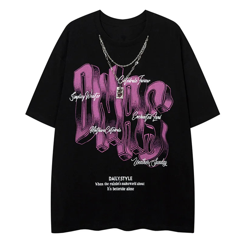 Men Short Sleeve T Shirts Illusive Letter with Necklace Tshirt High Street Couple Pullover Tees Street Hip Hop Summer Cotton Top Street King Limited