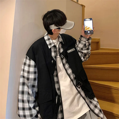 Streetwear New Fake Two Piece Zip Plaid Cargo Shirts Mens Japanese Streetwear Fas 2024 New Fake Two Piece Zip Plaid Cargo Shirts Mens Japanese Streetwear Fashion Social Shirt Autumn Long Sleeve Baggy Y2K Shirt Fashion Sweater Jacket With Graphic Design For Men