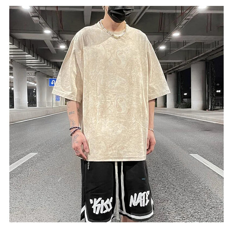 Merican Hip-hop Summer Thin Section Suede Cashew Flower Print Tshirts Tops Men and Women Loose Short-sleeved T-shirts Oversized Street King Limited
