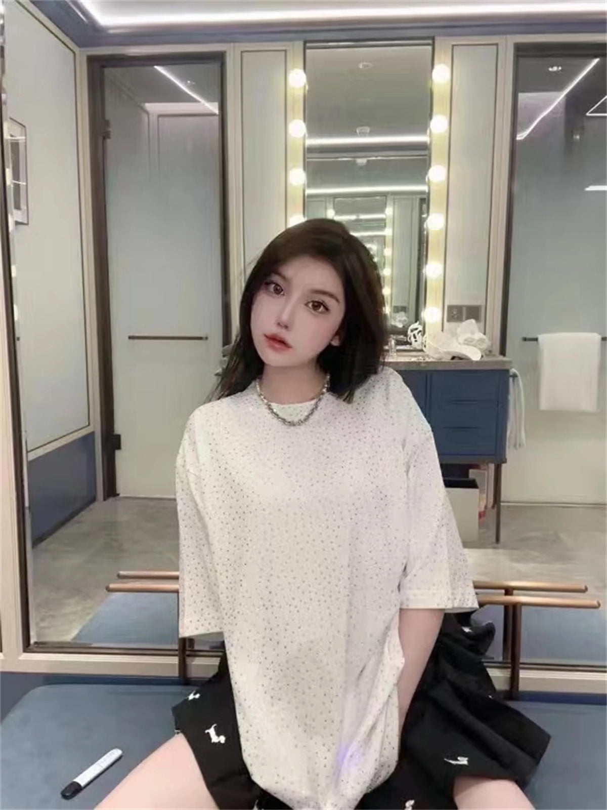BALCG Style Original Heavy duty Starry Sky Washed Olded Starry Sky Rhinestone Oversized Loose Short sleeved T-shirt White Street King Limited