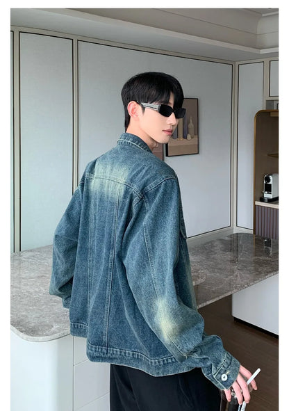 2024 trend mens denim jackets vintage washed design multiple pockets cowboy coats loose shoulder padded cardigan male spring unique jeans style 4058