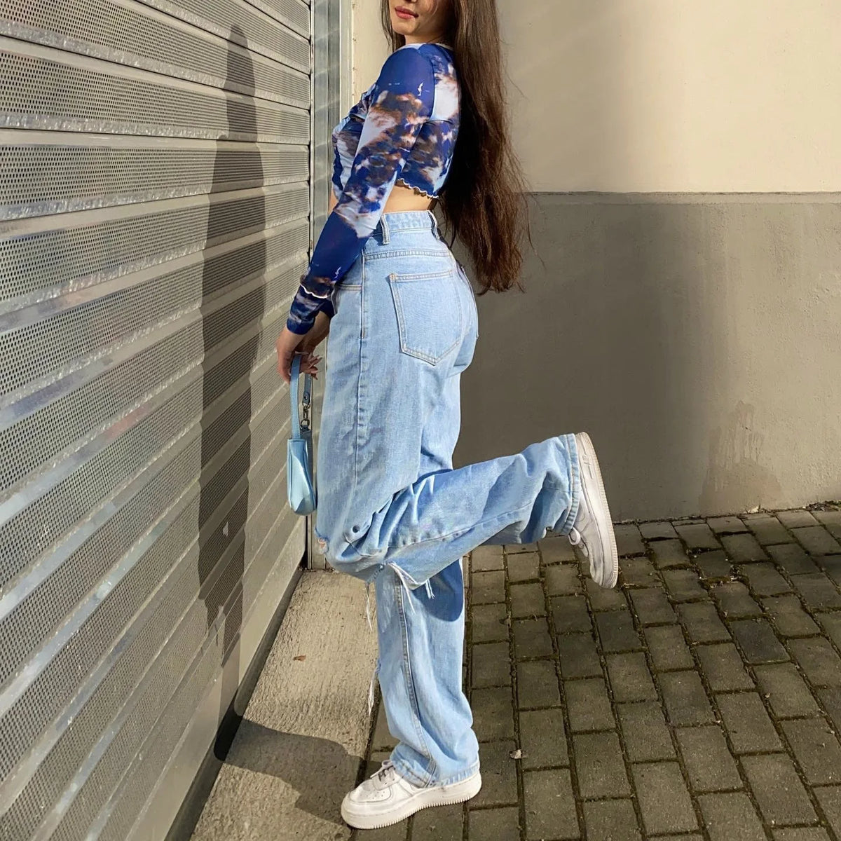Spring Aesthetic Vintage Blue Tie Dye Elastic Slim Sexy Crop Tops Long Sleeve Hollow V-neck Woman Tshirts Streetwear Hot Girl Street King Limited