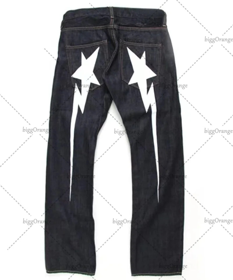 Y2K Street Hip Hop Harajuku Lightning Pattern Printed Jeans Men's Fashion Loose Casual High Waist Wide Leg Jeans Women's Street King Limited