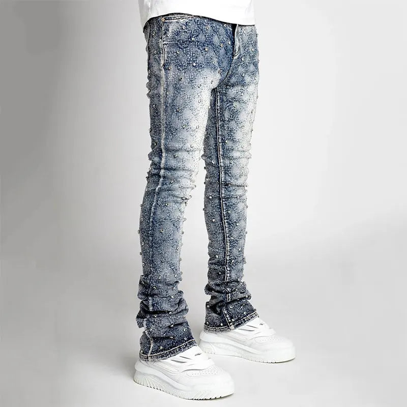Stretchy Personality Stacked Denim Pants 2024 New Fashion Pearls Fashion Rhinestone European Street Skinny Jeans For Men Street King Limited