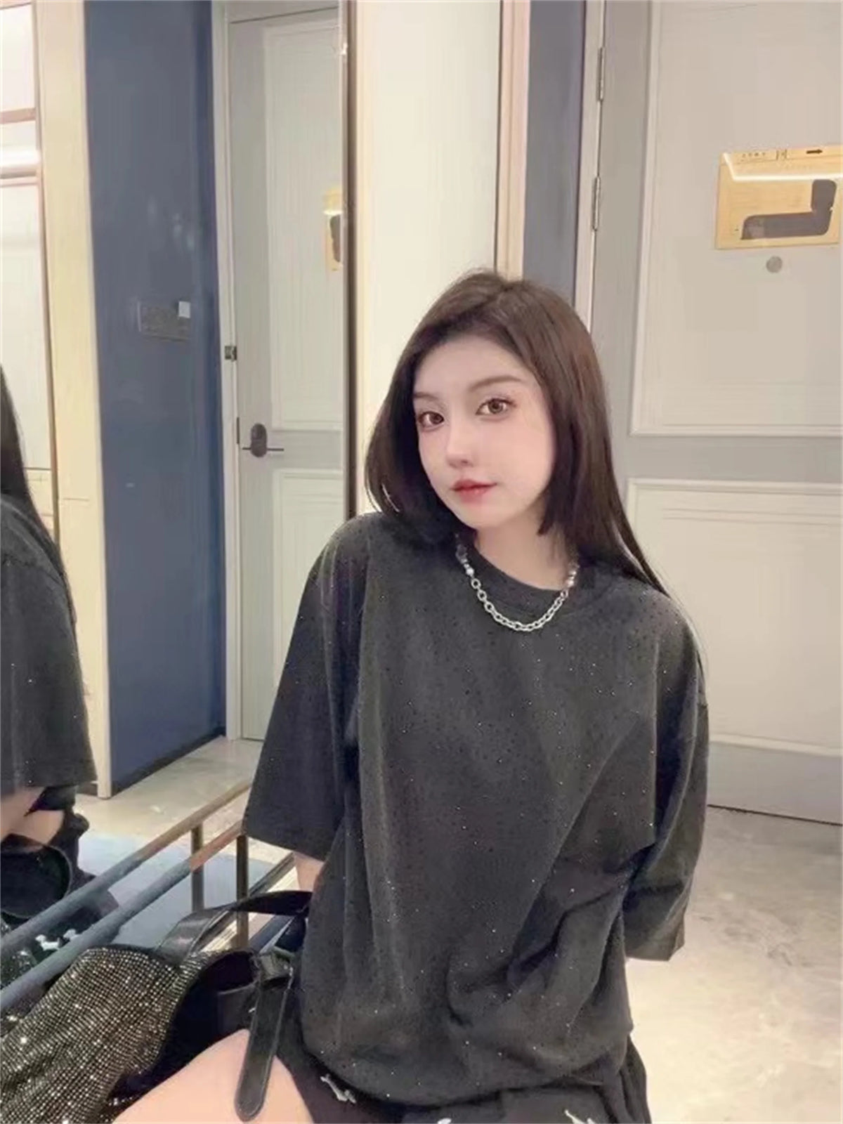 BALCG Style Original Heavy duty Starry Sky Washed Olded Starry Sky Rhinestone Oversized Loose Short sleeved T-shirt White Street King Limited