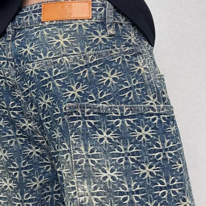 men jacquard loose casual hip hop vibe splice pocket denim baggy jeans pants man streetwear ripped jeans trousers boyfriend stacked flare jeans