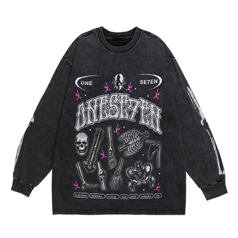 Fashion Distressed Washed T-shirt Harajuku Skull Skeleton Printed Unisex Hip Hop Tees Y2K Loose Mens Casual Cotton Tops T-shirts Street King Limited