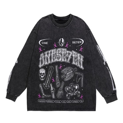Fashion Distressed Washed T-shirt Harajuku Skull Skeleton Printed Unisex Hip Hop Tees Y2K Loose Mens Casual Cotton Tops T-shirts Street King Limited