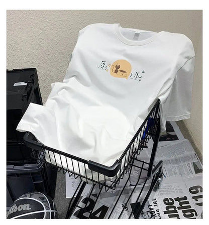 Korean style fun cat print men short-sleeved T-shirt new lazy style y2k simple casual versatile salt loose half-sleeved T-shirt Street King Limited