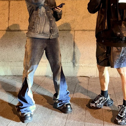 Ro Style Gradient Blue Horn Stacked Floor Dragging Jeans Unisex Streetwear Baggy Y2K Ribbons Zipper Denim Trousers Oversized Street King Limited