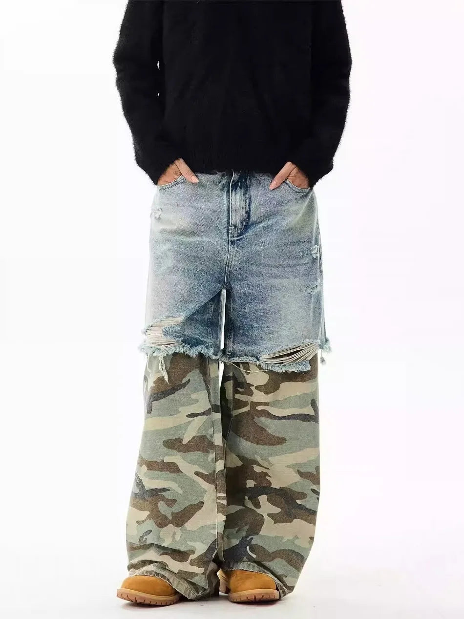 Camouflage Patchwork Jeans Mens Fake Two Items Street Punk Unisex Denim Pants Multiple Pockets Blue Size S-3XL Cowboy Trousers Street King Limited