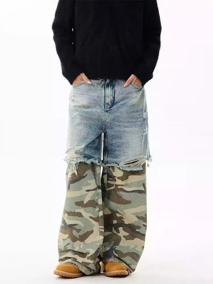 Camouflage Patchwork Jeans Mens Fake Two Items Street Punk Unisex Denim Pants Multiple Pockets Blue Size S-3XL Cowboy Trousers Street King Limited