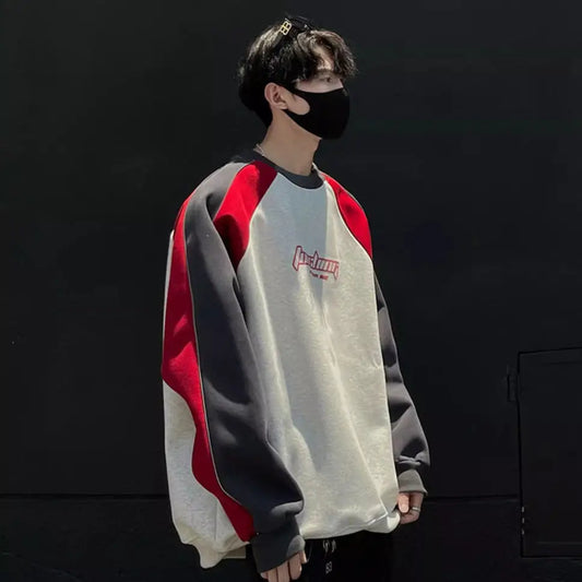 Trendy Personality Korean Motorcycle Style Round Neck Sweatshirt Men 2024 Spring Autumn Niche Contrasting Color Pullover Hot Top Street King Limited