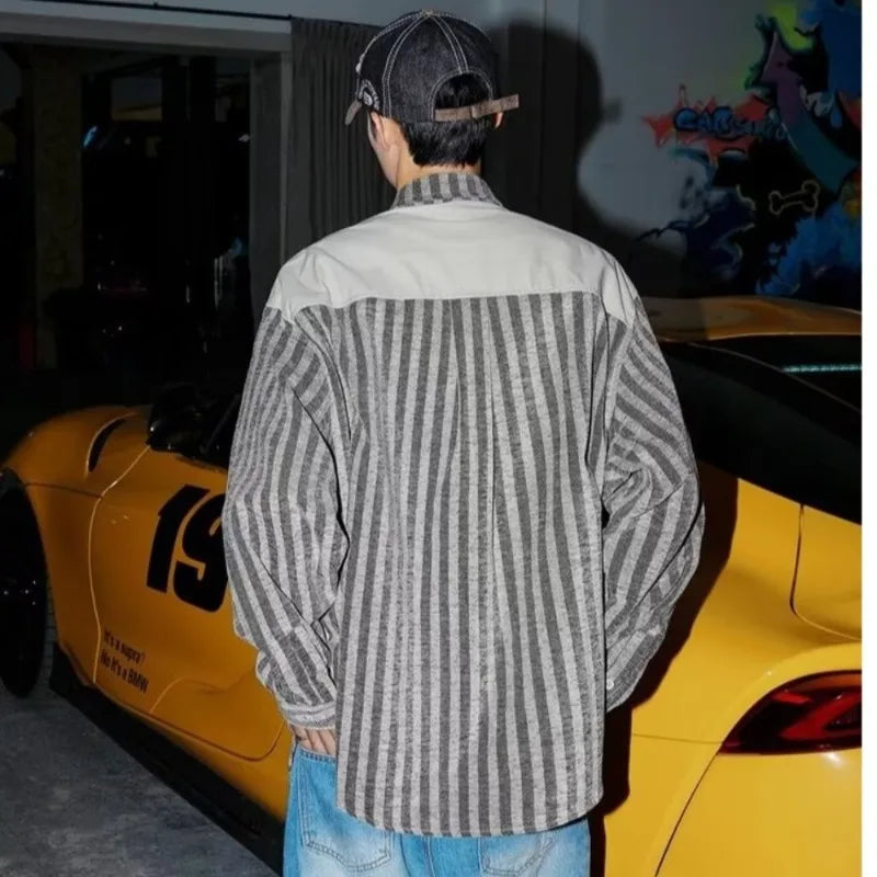 striped mens shirt jacket 2024 spring japanese street color blocked fake two coats vest tooling trend zipper long sleeved tops unique default style 2387