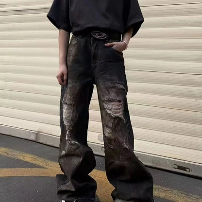 american high street trendy men and women retro personality straight washed jeans for couples loose harajuku casual pants y2k unique jeans style 777