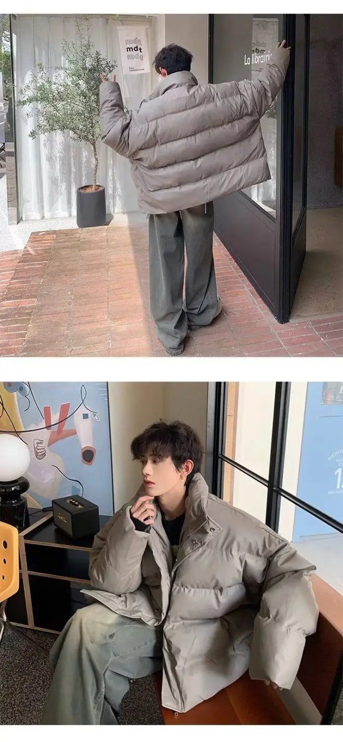 Winter Korean style stand up collar trend PU leather men and women high-end feeling thick cotton jacket couple loose casual top Street King Limited