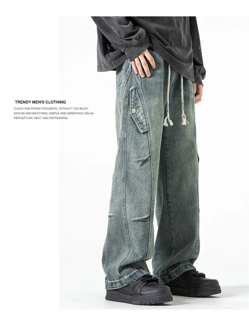 2025 new hip hop multi pockets straight jeans for men high street cargo denim pants spring y2k vintage distressed baggy jean unique cargo style 3360