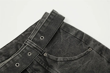 american high street vibe fashion splice jeans mens belt loose casual vintage wide leg straight denim baggy jeans pants trouser unique jeans style 1375